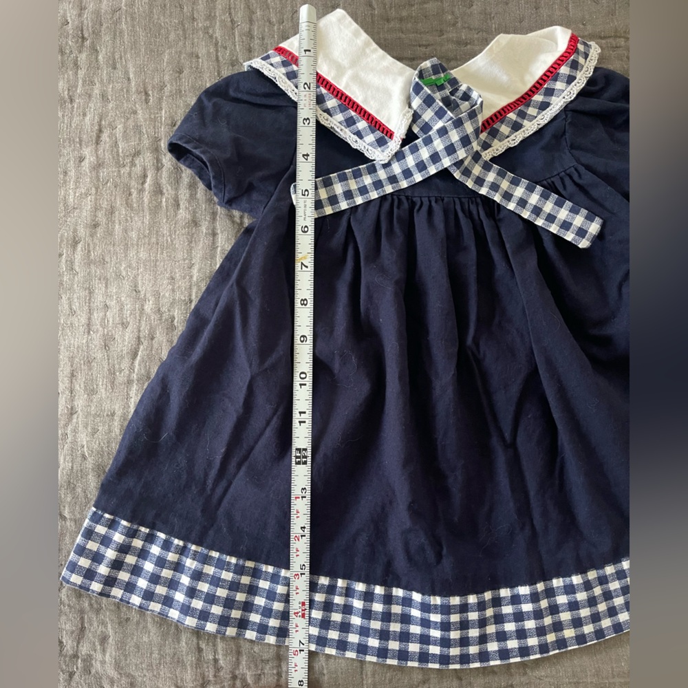 Vintage Navy White Dress & Cap Matching Set Rosettes 2T Cotton Gingham Collar - Picture 9 of 12